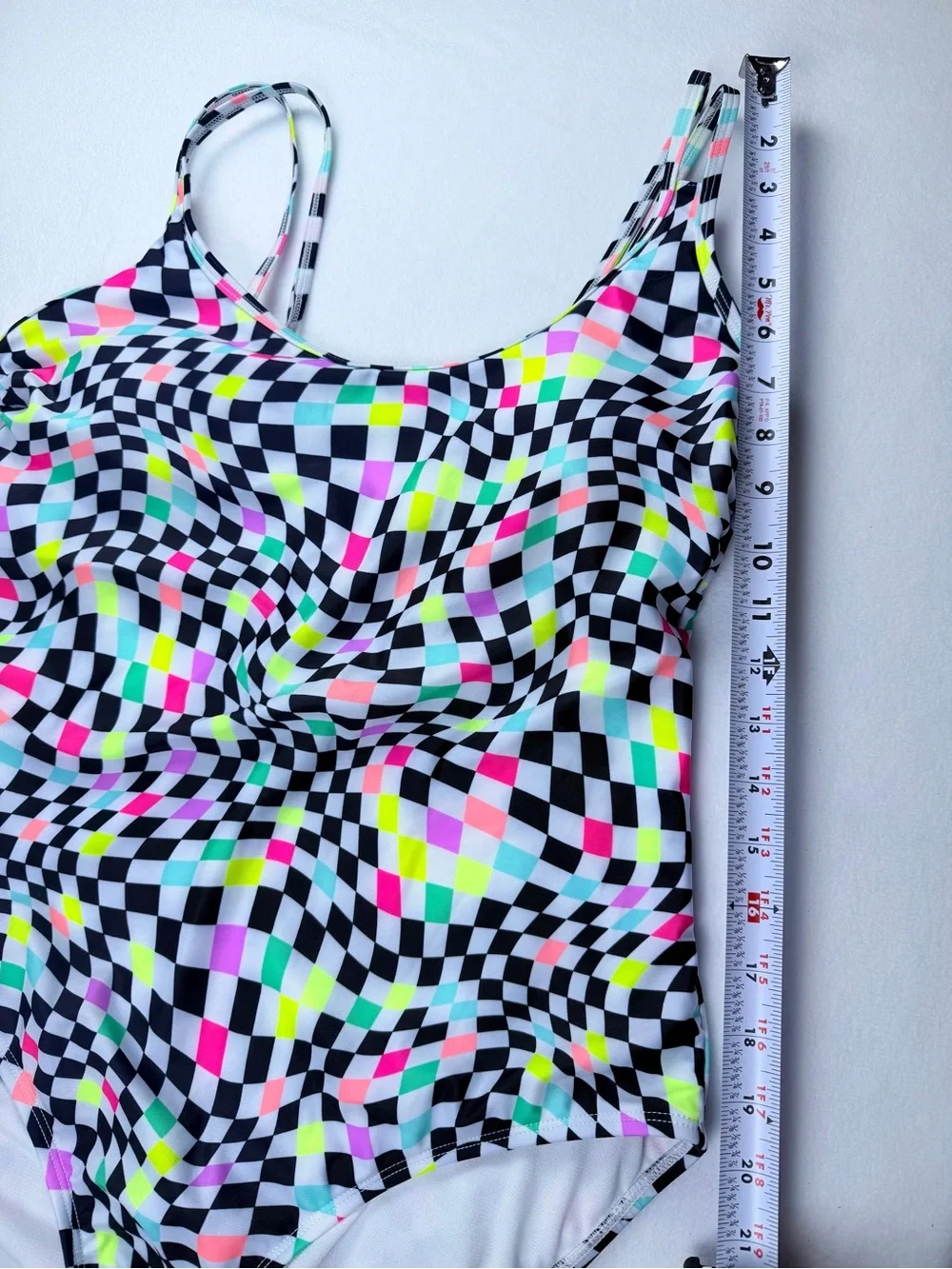 No Boundaries Junior’s XL (15-17) Black Multi Neon Checkerboard One Piece Swim - Picture 7 of 7
